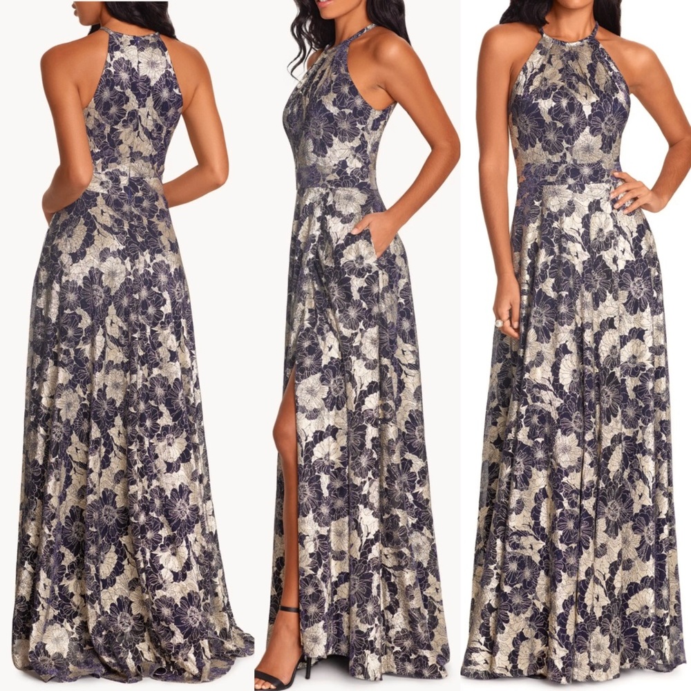 Halter Floral Lace Maxi Dress in Navy and Cream